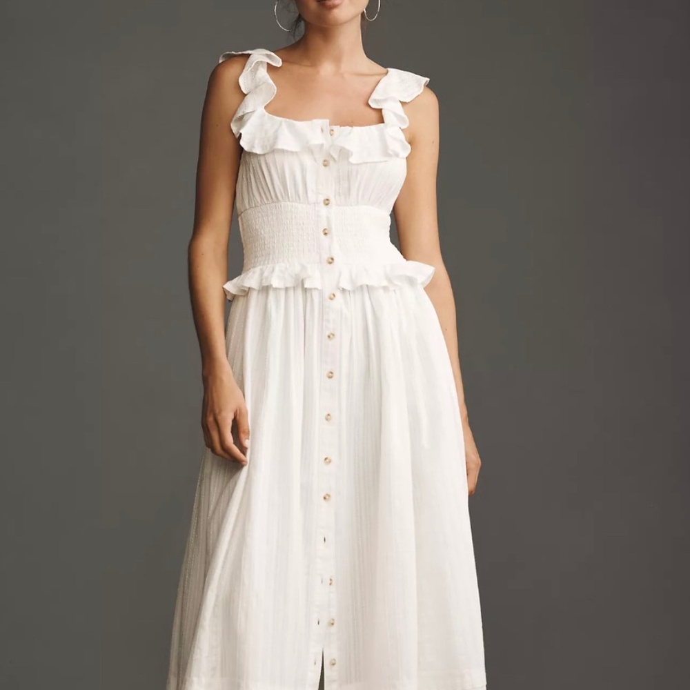 Pilcro Anthropologie Anthro White Smocked Ruffle Strap Button Front Midi Dress S